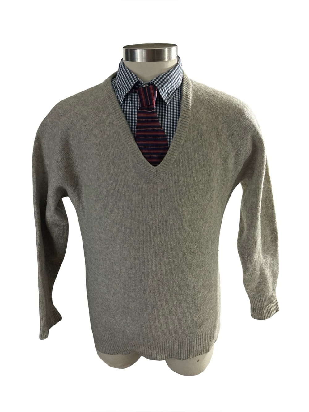 Vtg Grandway Men Pure New Wool Pullover Sweater Heather Gray Retro V-Neck Sz L